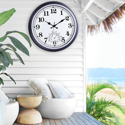 16 Inch Large Outdoor Clock, Retro Waterproof Indoor/Outdoor Clock Non-Ticking Clock with Thermometer, Battery Operated Wall Clock for Patio, Garden, Pool - Black