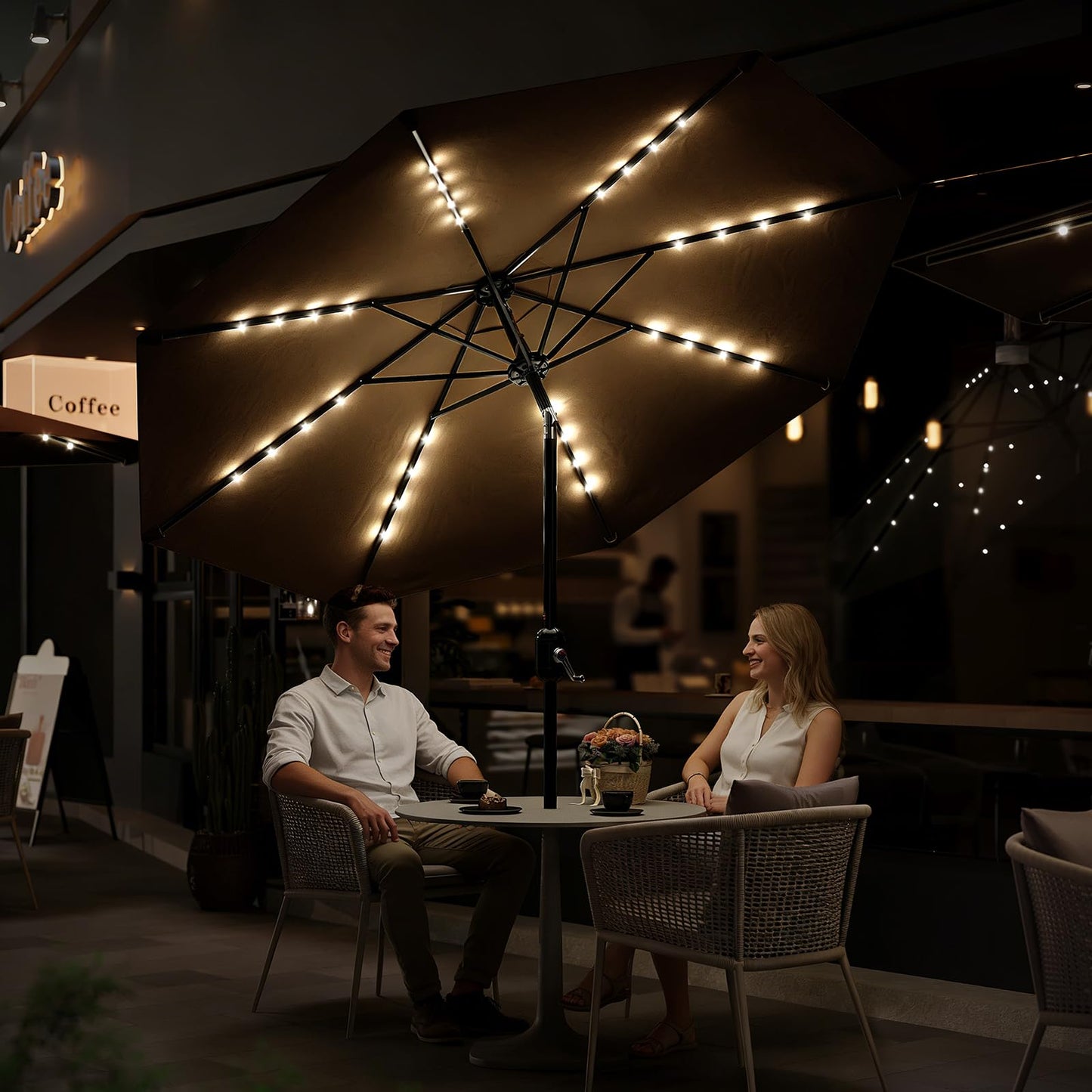 Garvee 10 FT Patio Umbrella with Solar Lights, Outdoor Table Umbrella with 8 Durable Ribs, Tilt & Crank Mechanism, Waterproof & UV Protection for Garden, Backyard, Poolside, Tan
