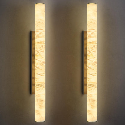 LMQNINE Natural Alabaster Wall Sconces Set of Two Spanish Marble Wall Light Cylinder Modern Black LED Sconce for Living Room Bedroom Bathroo Stairs（L-2Pack）