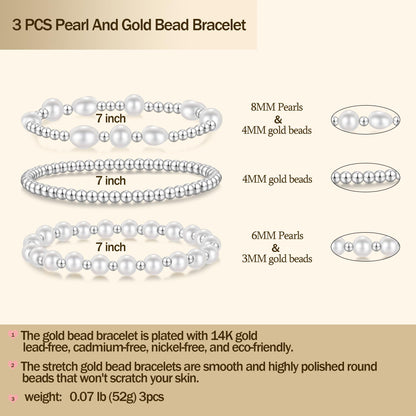 Silver Pearl Bracelets for Women Baroque Pearl Stackable Stretch Bead Ball Bracelet Jewelry Gifts （3PCS)