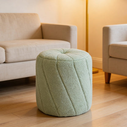 YDcosyfy Modern Round Ottoman, Spiral-Tufted Foot Stool Ottoman, Teddy Fleece Upholstered Vanity Stool for Makeup, Bedroom, Living Room, Light Green
