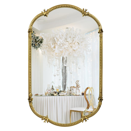 Fobule Gold Oval Wall Mirror, 19"x32" Metal Beaded Frame Decorative Mirror, Cute Flower Bird Pattern Vintage Scalloped Hanging Vanity Mirror for Bathroom, Living Room, Bedroom, Entryway