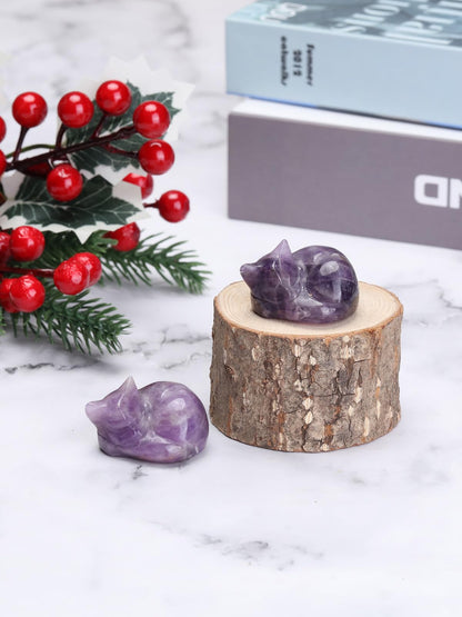 Jovivi Amethyst Sleeping Cat Crystal Figurine, 1.6" Natural Stone Polished Carved Gemstone Lucky Kitten Statue Sculpture for Home Office Desk Decor, Gifts for Women and Cat Lovers