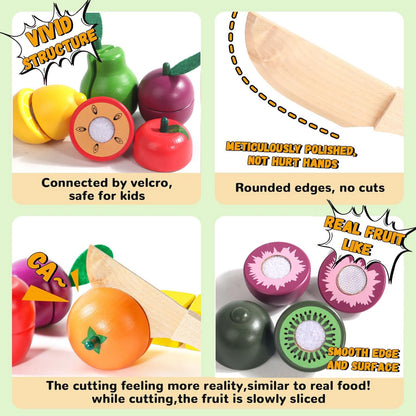 Fajiabao Wooden Play Food for Kids Kitchen Montessori Toys for 2 Year Old Girls & Boys Wood Cutting Fruit Set with Tray Fine Motor Skills Educational Toddler Gifts 2 3 4 5 6