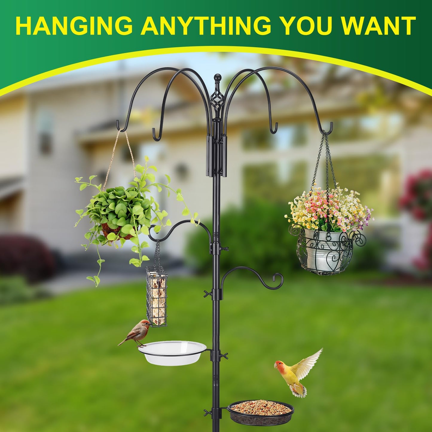 MorningRo Adjustable Shepherd Hook Stand, 34"- 55" Black Iron Shepherd Hook with Base for Plant Hanging, Wind Chime & Bird Feeder - Outdoor Garden Porch Decoration(Elegant Style)