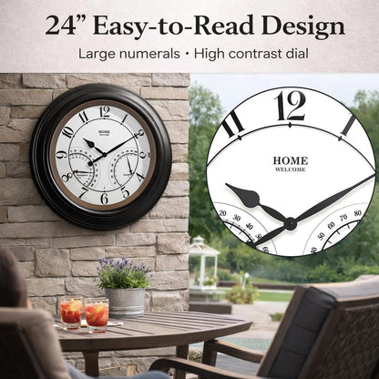 Pytha Sight 24 Inch Outdoor Clocks Waterproof, Large Easy-to-Read Illuminated Outdoor Wall Clock with Smart Light Sensor, Silent Large Outdoor Clock for Patio, Pool,Porch,Garden,Backyard