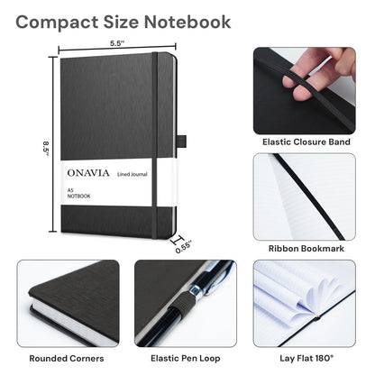 ONAVIA A5 College Ruled Notebook 3 Pack, Hardcover Lined Journals for School Notes, Study, Homework, Class Writing and Journaling, 160 Pages (80 Sheets), 5.8 x 8.3 in, Black