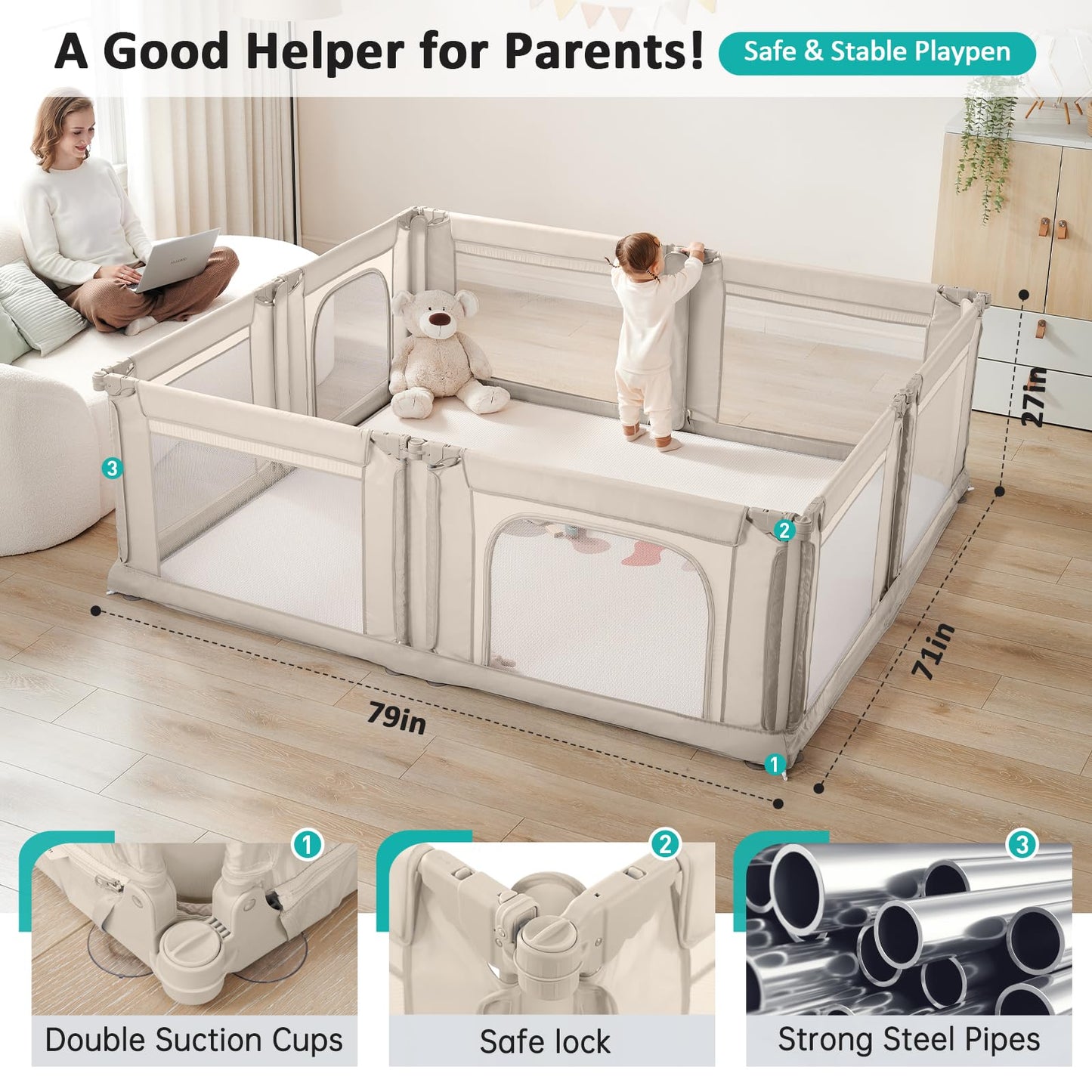 Doradotey Baby Playpen, Shape &Size Adjustable Large Baby Playard for Babies and Toddlers, Foldable Playpen Fence Indoors Play Center Yards, Breathable Mesh Anti-Fall Play Pen 79x71, Cream