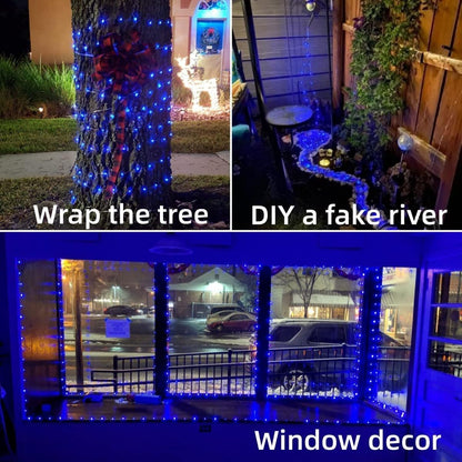 YEGUO 4 Pack Blue Solar Fairy Lights, Each 33ft 100 LED Christmas Lights Outdoor Waterproof, 8 Modes Sliver Wire Solar String Lights