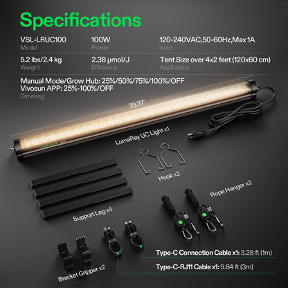 VIVOSUN LumaRay Under Canopy Grow Light, Full Spectrum Dimmable LED Grow Lights for Grow Tents, Greenhouses, SGS Compatible, 100W, 3.28 ft, 1 Pack