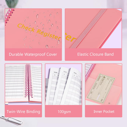 Check Registers for Personal Checkbook, Spiral Large Check Register Book, Budget Planner with Check Register for Personal and Work, 7.5'' x 10'' - Pink