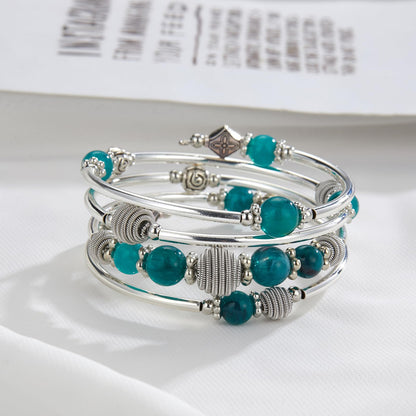 PEARL&CLUB Beaded Chakra Bangle Turquoise Bracelet - Fashion Jewelry Wrap Bracelet with Thick Silver Metal and Mala Beads, Birthday Gifts For Women(Sea green)