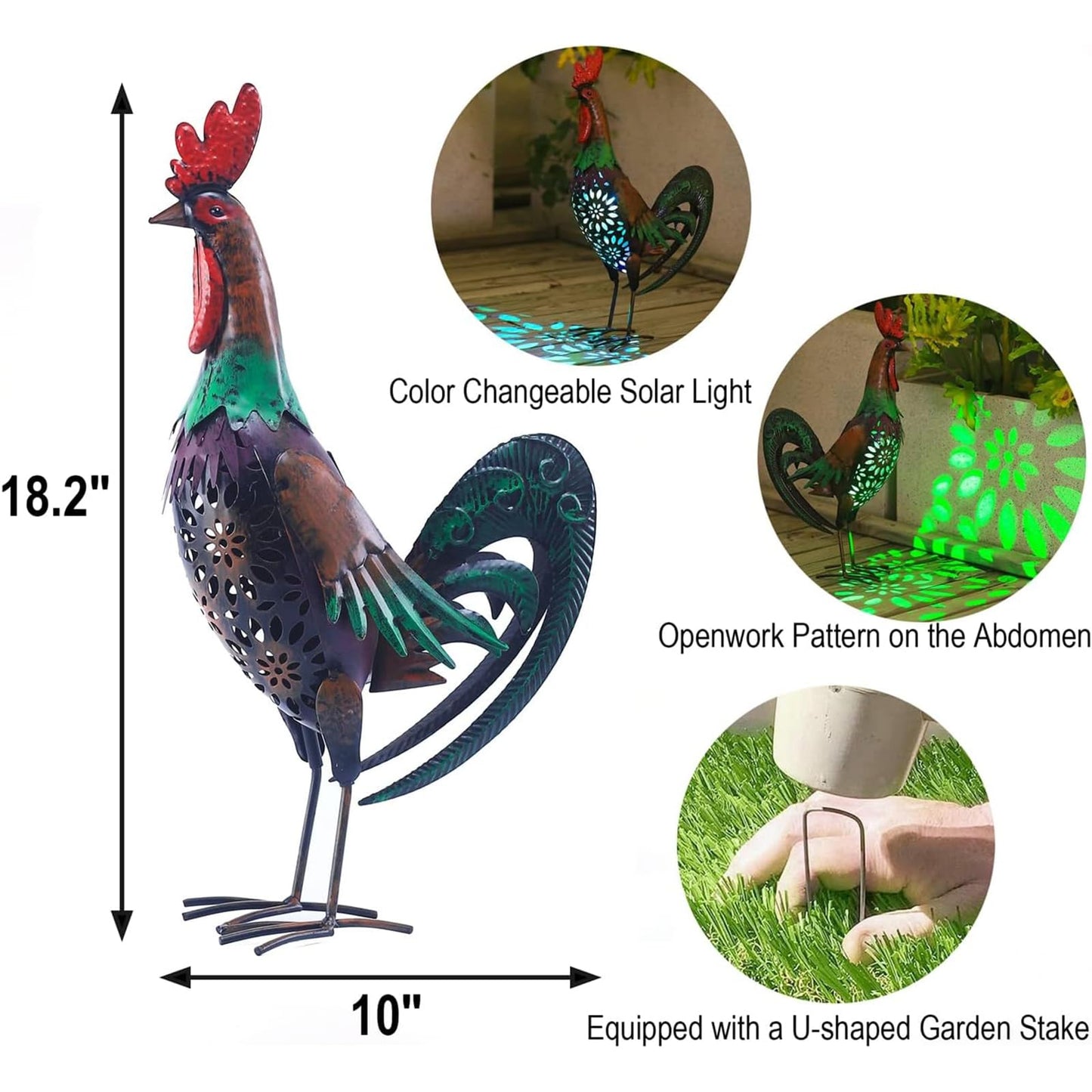 WDLFCGC Solar Rooster Statue Light Outdoor, 18" Metal Yard Art Rooster Figurines(Retro Rooster).
