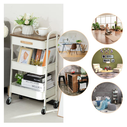 AGTEK 3 Tier Rolling Utility Cart Organizer with Drawer, Metal Craft Cart with Wheels for Bathroom, Kitchen, Office, Nursery Diaper, White