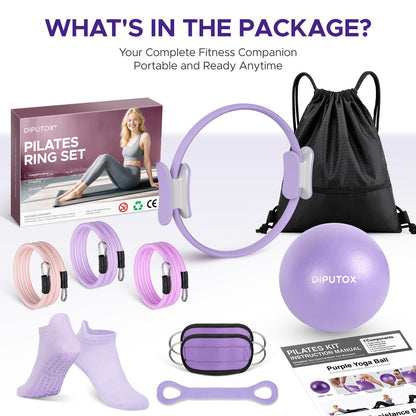 diputox Pilates Ring Kit for Women, Pilates Equipment Accessories, Home Workout Set with Magic Circle, Mini Exercise Ball, Ankle Resistance Bands & Yoga Socks, for Fitness, Toning & Better Me Gifts