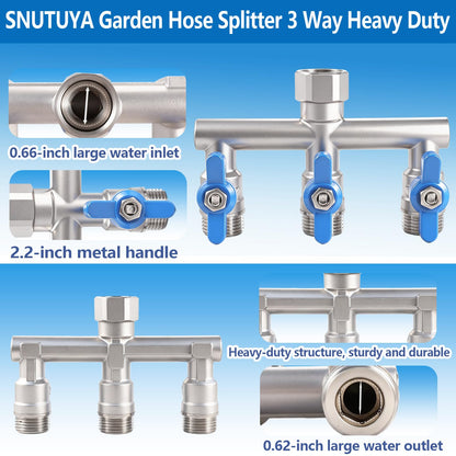 304 Stainless Steel Garden Hose Splitter 3 Way Heavy Duty, Full Flow T Valve Water Hose Splitter With 2.1" Extra Long Handle, Lead-free，3/4" GHT Thread Connector For Outdoor Spigot Faucet