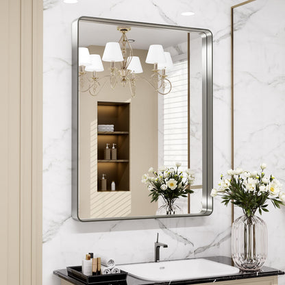 LOAAO 22X30 Inch Brushed Nickel Bathroom Mirror, Rounded Rectangle Silver Metal Frame Mirror, Brushed Nickel, Anti-Rust, Hangs Horizontally or Vertically