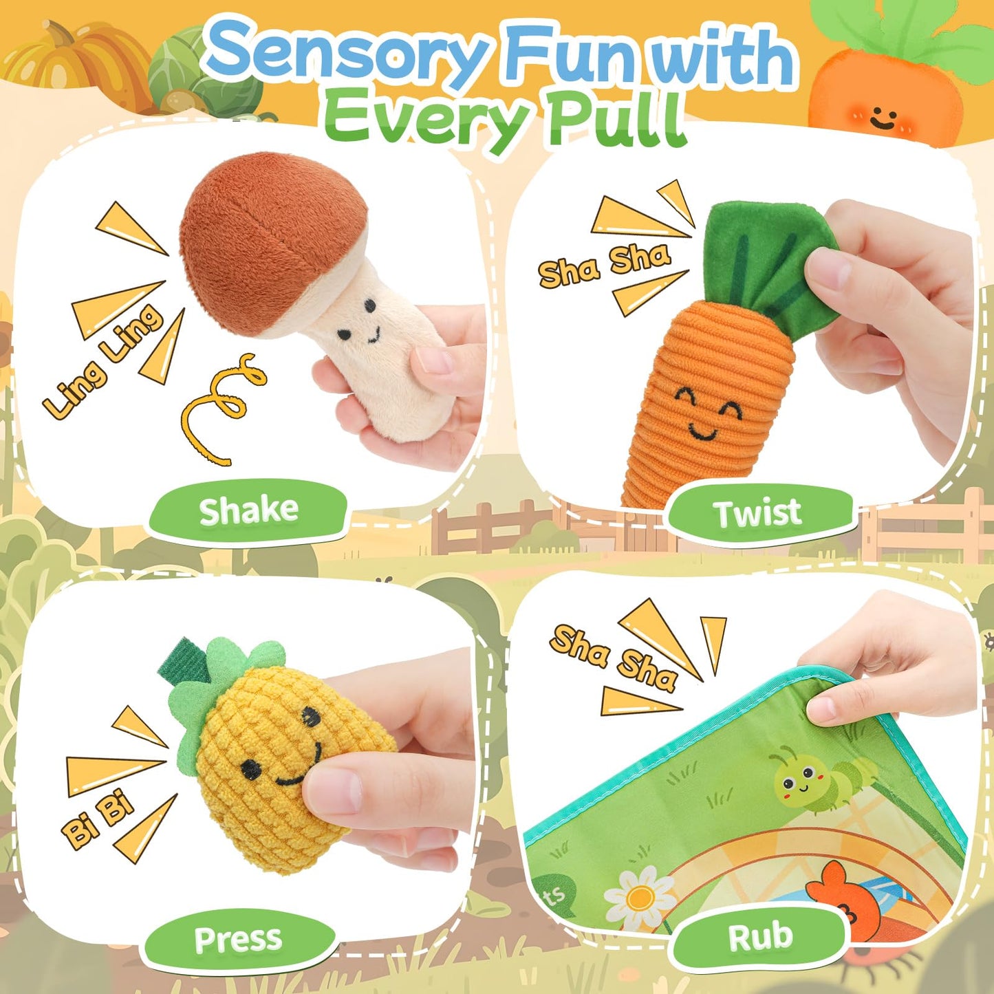 Mini Tudou Baby Toys 6-12 Months-Fruits Veggies Farm Stuffed Toys 15PCS-Sensory Educational Toy Mushroom Carrot with Rattle Squeaker Crinkle Texture Color Shape Number Matching Gifts