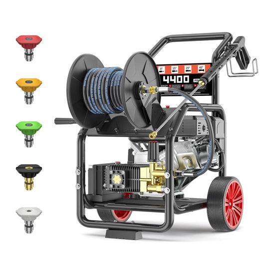 KARHDIR 4400 PSI Gas Powered Commercial High Pressure Washer with 296cc 15HP Engine 4.0GPM Electric Start, Includes Hose Reel 50 FT 3/8 inch Hose 5 Quick Connect Nozzles Spray Gun and Wand