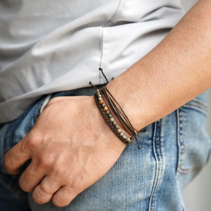 Handmade Natural Stone Beaded Healing Bracelet Gift for Men Adjustable Rope String Bracelet (Pyrite associated with brown quartz ore)