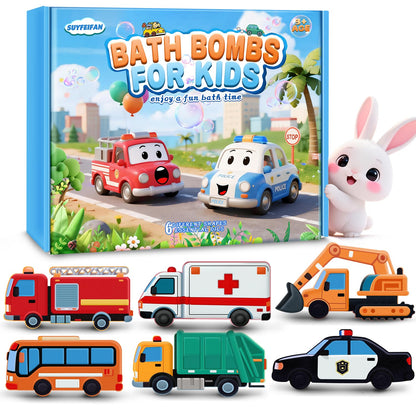 Bath Bombs for Kids, Perfect Mothers Day Gifts for Kids Girls, Handcrafted Car 6 Pack Natural Organic Bubble Bath Bomb Toys, Shaped Like Excavators, Police Car, School Buses, Fire Trucks