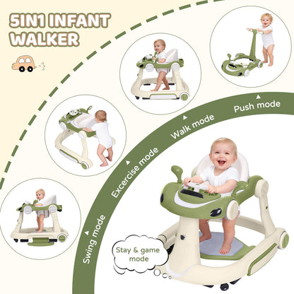 Baby Walker with Wheels, 5-in-1 Foldable Infant Toddler Walker for Boys Girls 6-18 Month, Music Walker for Baby with Car Steering Wheel &Removable Footrest,Baby Push Walker Green