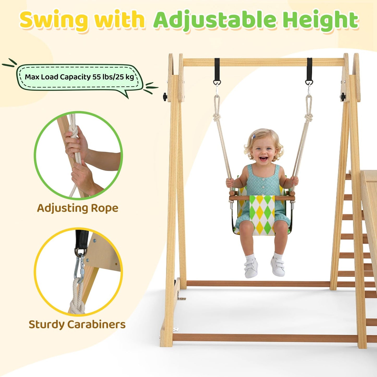 OLAKIDS Indoor Jungle Gym, 3 in 1 Wooden Foldable Montessori Toddler Climbing Toys with Adjustable Baby Swing Ramp Ladder