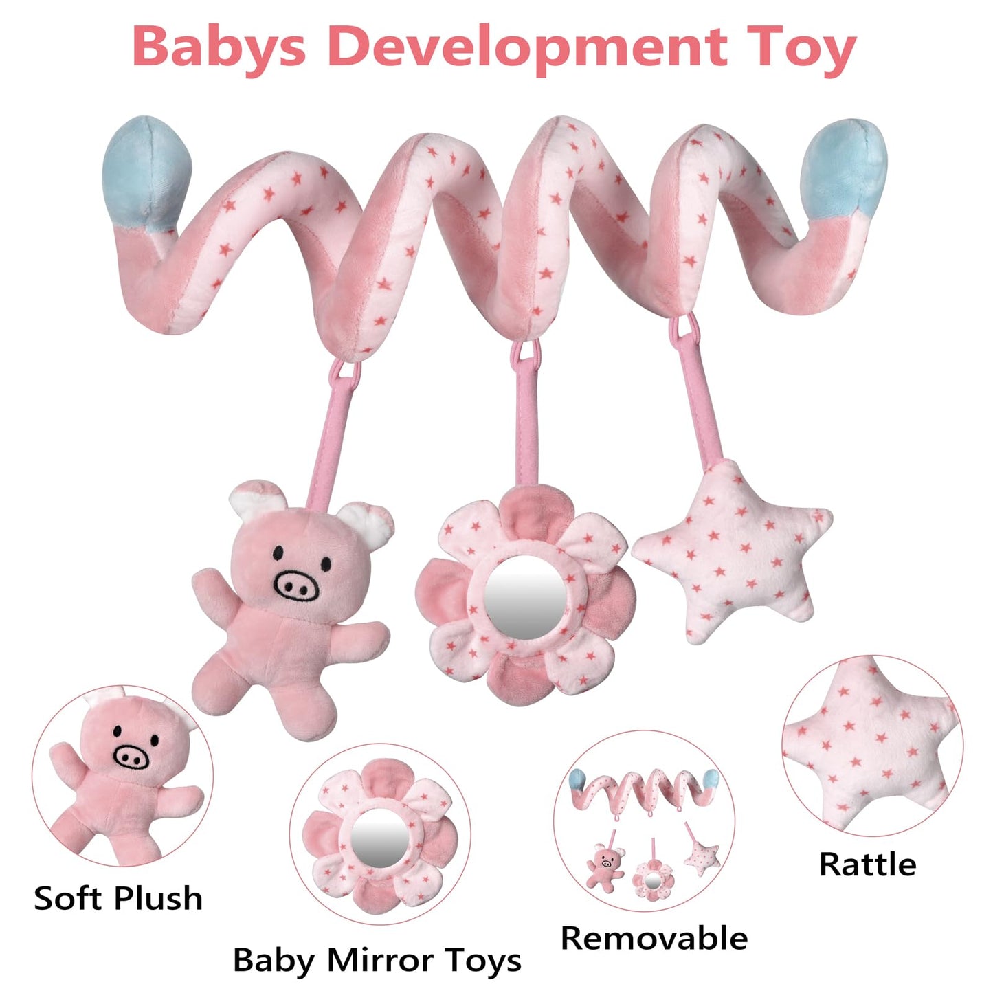 SAMMAS Car Seat Toys, Infant Baby Pink Pig Spiral Activity Hanging Toys Stroller Toys for Car Seat Stroller Bar Crib Bassinet Mobile with Mirror BB Squeaker and Rattles