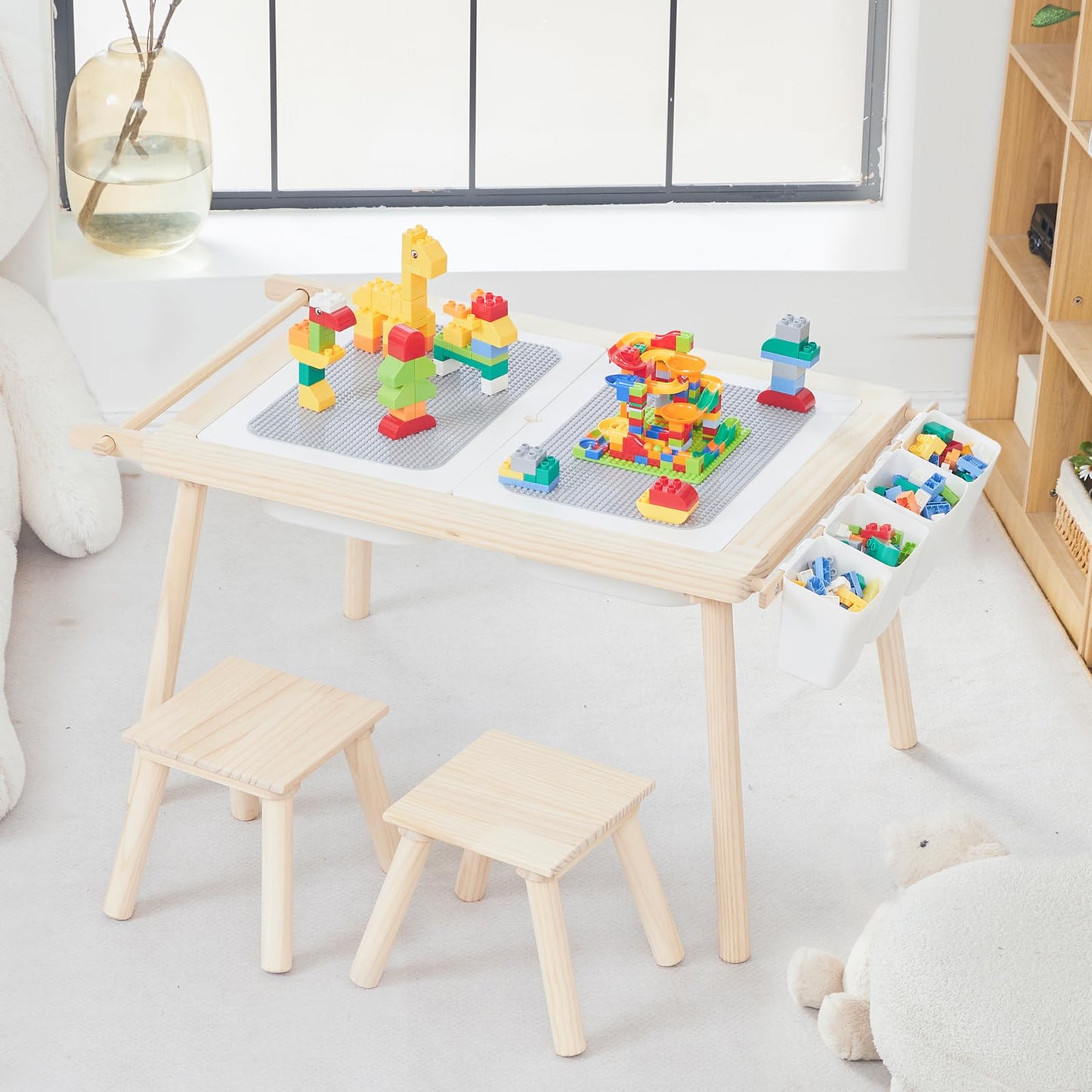 COOKIE BUNNY 5-in-1 Kids Sensory Table and Chair Set – Wooden Sand and Water Play, Building Blocks, Study, Dining, Toy Storage, Children's Gifts for Boys and Girls