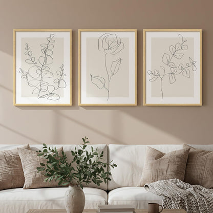 Framed Floral Art Bedroom Wall Art, 3 Piece Neutral Botanical Line Artwork for Walls, Minimalist Flower Leaf Picture Prints, Beige Botanical Painting for Living Room Kitchen Hallway Office, 12x16 Inch