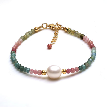 Gempires Watermelon Tourmaline Beaded Bracelet with Pearl Choker Crystal Jewelry Lightweight Colorful Gemstone Bracelets For Women Hypoallergenic 7.5 Inch Gold Plated Adjustable Chain