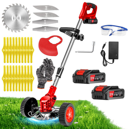21V Cordless Weed Wacker with Wheels, 3-in-1 String Trimmer/Lawn Edger/Brush Cutter, 2x2.0Ah Battery & 3 Blades, Adjustable Height, Lightweight & Easy for Thick Weeds & Small Yards – Homeowner