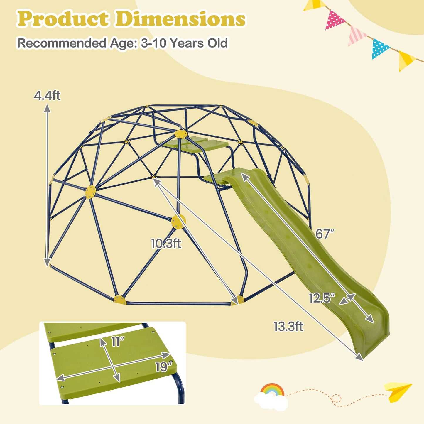 HONEY JOY Climbing Dome with Wave Slide, 13.3 FT Jungle Gym Monkey Bar for Backyard, Outdoor Climbing Toys for Toddlers Playground Equipment, Geometric Dome Climber for Boys Girls Age 3-8, Gift