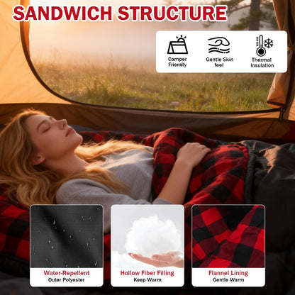 FJALLNOK Warm & Cold Weather Sleeping Bag,100% Cotton Flannel,Extra-Large for Adults & Kids,Lightweight Waterproof for Camping Hiking and Backpacking,Free Compression Sack (0-32℉- Black/Red)