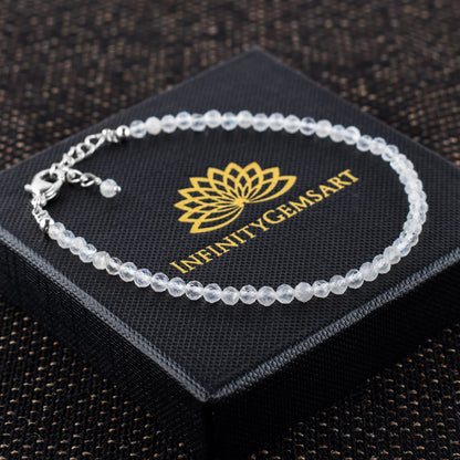 YANARA Moonstone Bracelet Gemstone Micro Beads Dainty Jewelry for Women, Natural June Birthstone, Energy Healing Crystals, Silver Plated Chain 8 inch Birthday Gifts For Her