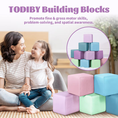 TODIBY Foam Building Blocks for Toddlers：12-Pieces Wipeable Leather Stacking Cubes Kids - Large Soft Toys Play Set for Learning Construction Baby Preschool Daycare Therapy Birthday Gift (Purple Pink)
