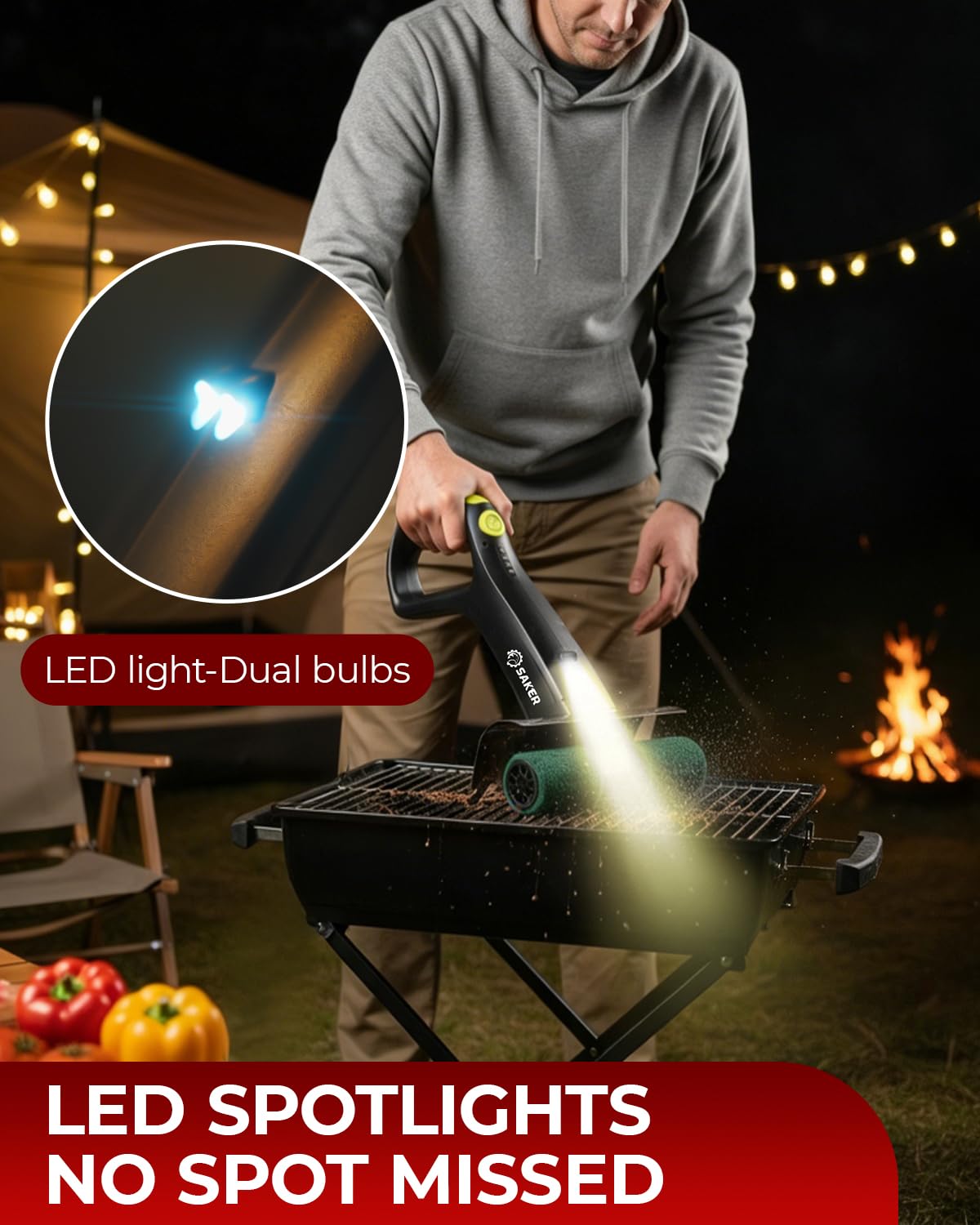 Saker Electric Grill Brush with 450 RPM & LED Light | Tangle-Free Grill Cleaning Brush with Durable Roller | Complete 8-Piece Brush & Scouring Pad Kit | Ideal Grilling Gift for Dad