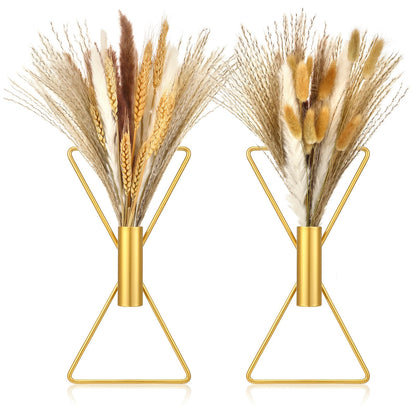 Peryiter 2 Pcs Boho Gold Wall Decor Metal Wall Art X Shaped Hanging Planters with Artificial Pampas Modern Home Gold Bathroom Decor for Bedroom Living Room