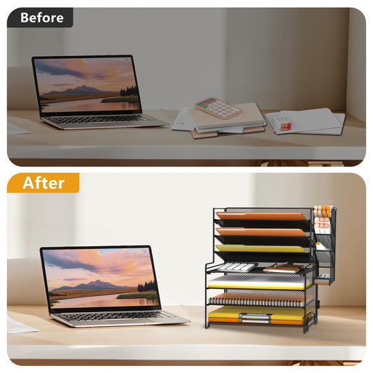 SUPEASY 7 Tier Desk Organizer, Desk File Organizer with Pen Holder, Paper Organizer for Desk, Desk Organizers and Accessories for Home Office School, Black