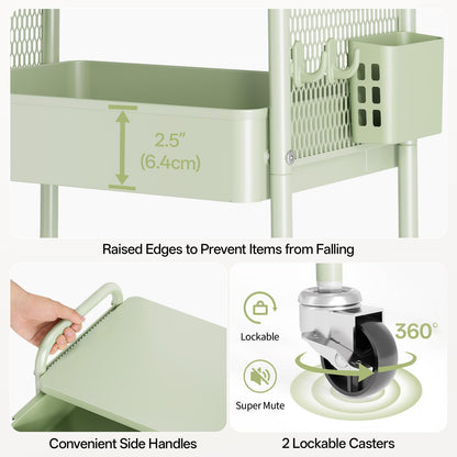 3 Tier Metal Rolling Utility Cart with Drawer & Pegboard - Multifunctional Storage Cart on Wheels with Tabletop, Hooks & Basket, Sturdy Craft & Art Cart for Bathroom, Bedroom, Children Room, Green