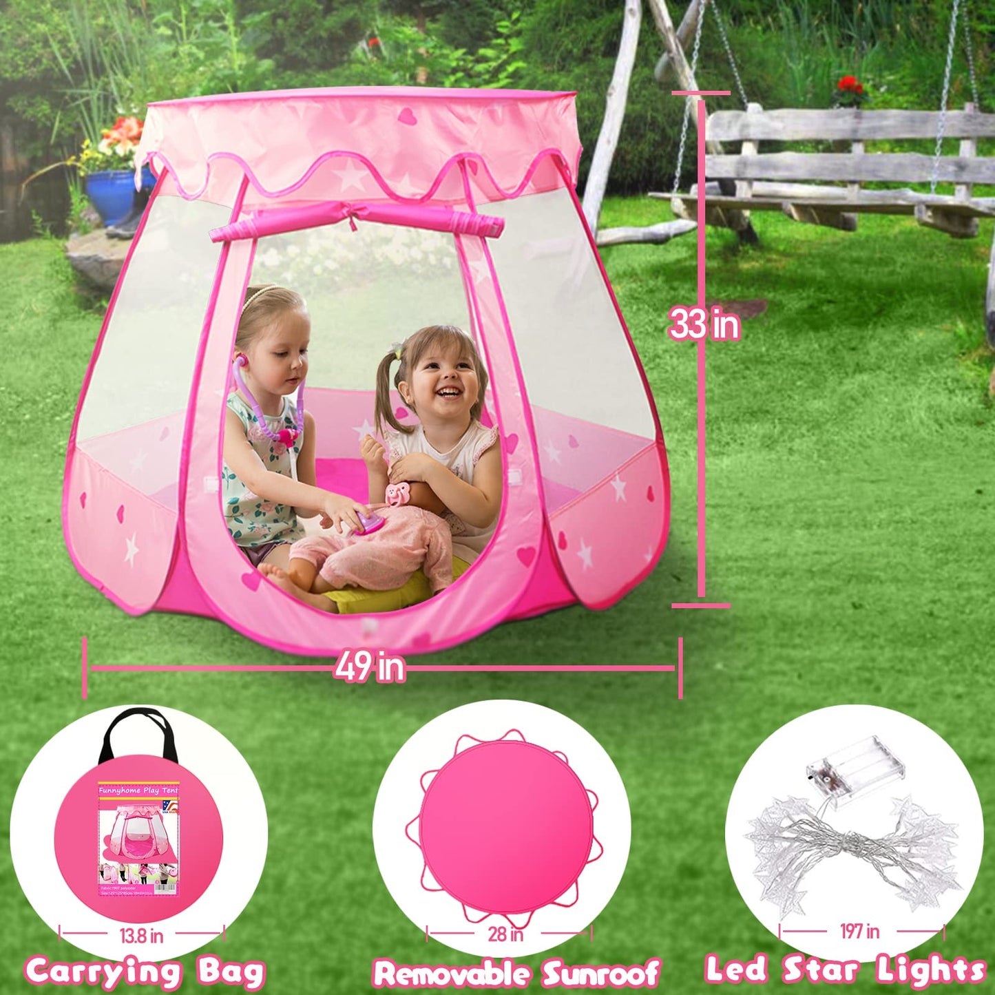 Crayline Pop Up Princess Tent with Star Light, Toys for 1 2 3 Year Old Girl Birthday Gift, Baby Girl Toys, Ball Pit for 12-18 Months Toddler Gift, Easy to Pop Up and Assemble(Pink)