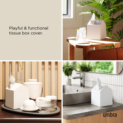 Umbra Casa Tissue Box Cover, Adorable House Shaped Square Kleenex Box Holder for Bathroom, Bedroom or Office, White