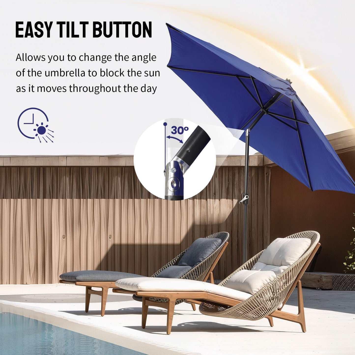 CROWN SHADES 9 Ft Patio Umbrella - Polyester Outdoor Umbrella with 30° Push Button Tilt, Patented Edge Connection Design for Patio, Pool, Garden & Table, UV Resistent