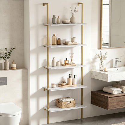 aboxoo Ladder Shelf 2PCS White Marble Bookshelf 5-Tier Wall-Mounted Wood Rack Open Industrial Modern Plant Flower Stand Utility Organizer Bookcase Metal Frame Furniture Office Kitchen Bedroom