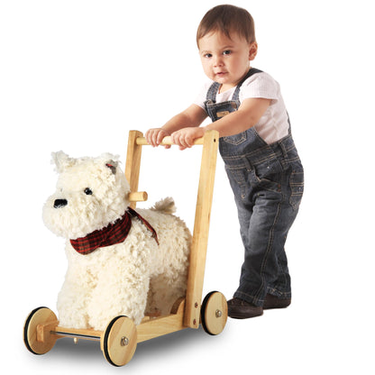 Rock My Baby Wooden Baby Walker, Baby Push Walker with Wheels for 12M+, Toddler Learning to Walk Toy with Sweet Music ＆ Animal Seat 2 in 1 Sit-to-Stand Walker Toy Gift for Boy Girl (Scottie Dog)