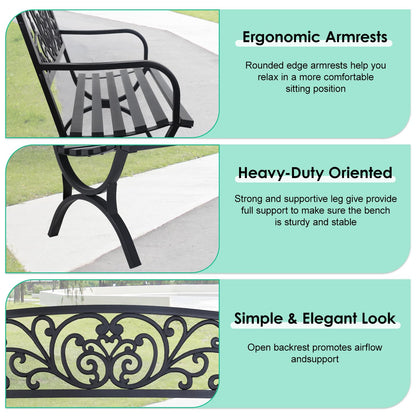 FDW Outdoor 50 Inches Garden Bench, Slatted Seat Armrests Floral Design Backres and Arch Legs, Perfect for Park, Yard, Porch, Lawn, Balcony, Backyard, Black