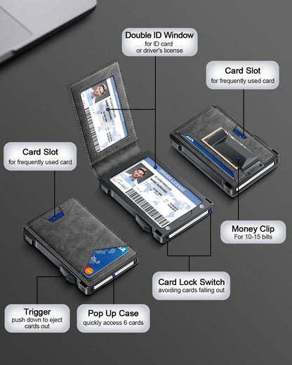 Wallet for Men RFID Wallet with 2 ID Windows & Money Clip, Slim Pop Up Card Holder for 10-12 Cards, Bifold Minimalist Smart Wallet for Front Pocket, Compact Metal Credit Card Holder, Gifts for Men