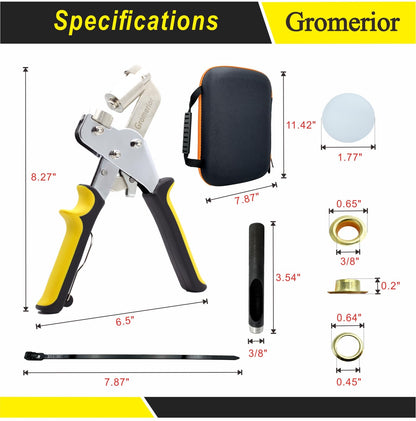 Gromerior Premium Grommet Tool Kit (3/8 inch 10mm) with Case & 300 Sets Grommets, Heavy-Duty Eyelet Press Plier & Hole Punch Included, Grommet Maker for Fabric/Leather/Tarps/Canvas/Banners