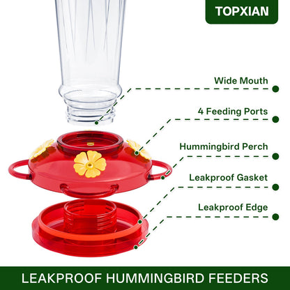 TOP XIAN Plastic Hummingbird Feeder, 2-Pack 14 OZ Ant & Bee Proof Hummingbird Feeders for Outdoors Hanging, Leak-Proof Nectar Feeders with 4 Feeding Ports and Perches, Gifts for Mom, Birdlovers