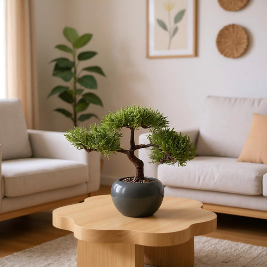 CZWBE 9.5 Inch Artificial Bonsai Tree with Ceramic Pot - Decorative Fake Plant for Home Office Living Room Window Sill, Fake Plants for Year-Round Decoration（Gray）
